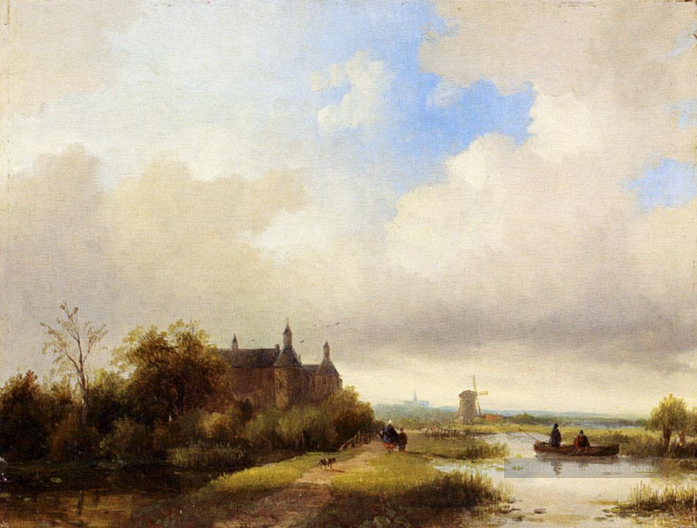 Les voyageurs sur un chemin Haarlem au loin Bateaux Jan Jacob Coenraad Spohler Peintures à l'huile